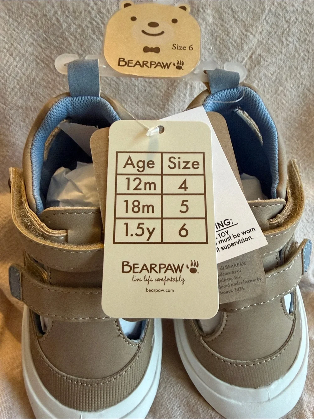 NWT ~ BearPaw Kids Tan and Light Blue Velcro Sneakers SZ 6